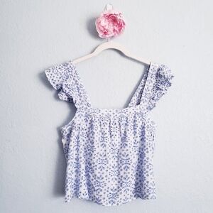 Pigalle Blue And White Floral Embroidered Eyelet Ruffle Sleeve Crop Top